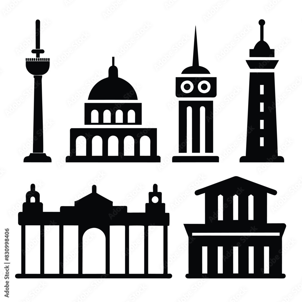 Set of Berlin city landmark line icon black vector on white background