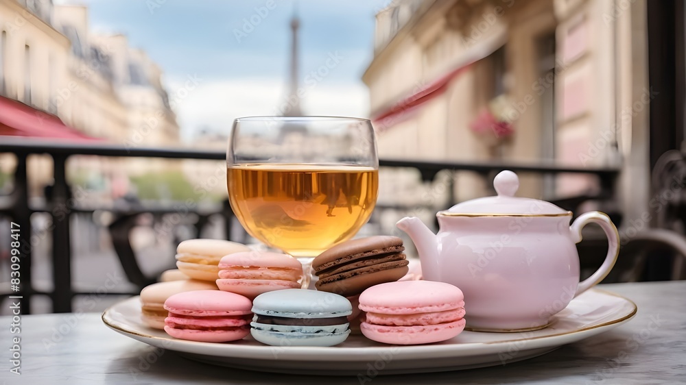 Transport yourself to a Parisian cafe with a platter of macarons and a pot of fragrant tea, surrounded by charming pastel buildings and the Eiffel Tower in the background. Transport yourself to a Parisian cafe with a platter of macarons and a pot of fragrant tea, surrounded by charming pastel buildings and the Eiffel Tower in the background.
