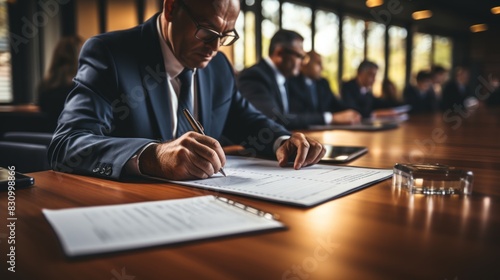 An image of professionals in a board meeting, focusing on signing documents with serious expressions