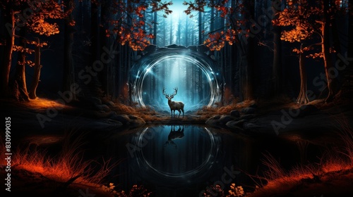 This captivating image features a deer at the center of a magical portal in a mystical forest scene at night