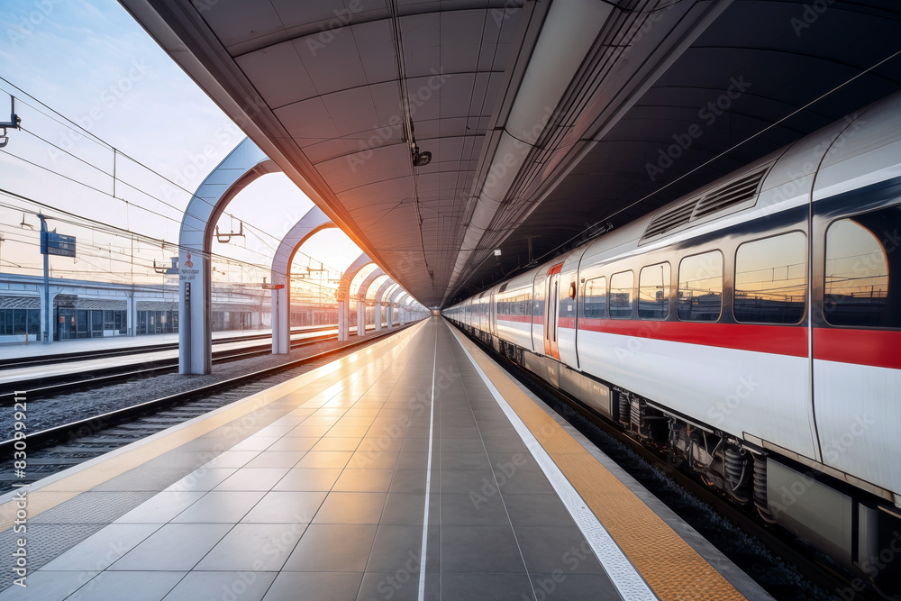 Train Arrival at Platform. Background with selective focus and copy space. Train Arrival at Platform. Background with selective focus and copy space.
