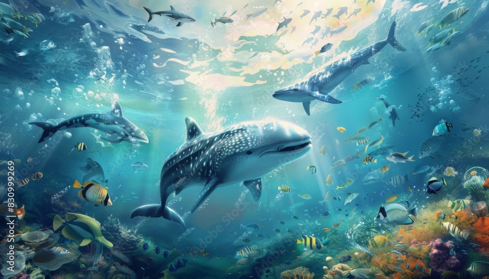 Obraz premium Animals of the underwater sea world. Ecosystem. Colorful tropical fish. Life in the coral reef