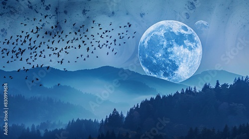 A full moon rises over a dark forest while a murder of crows flies overhead.