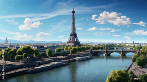 The iconic Eiffel Tower in Paris with a stunning blue sky and the Seine river in the foreground © AS Photo Family