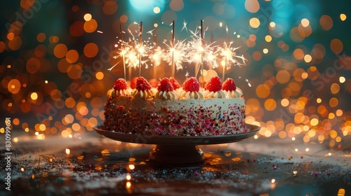 A festive cake topped with red berries and lit sparklers, framed by a vibrant bokeh light effect in the background photo