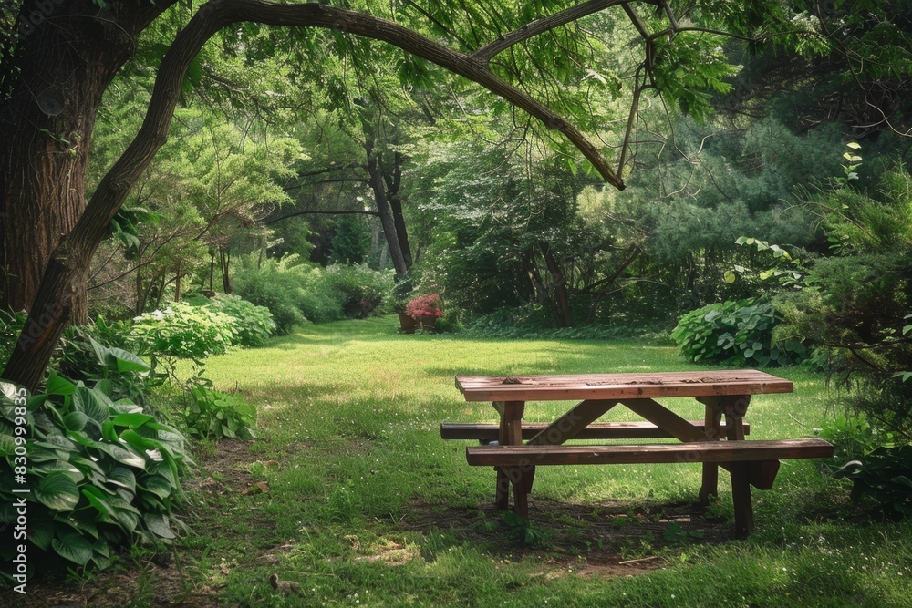 Garden Picnic Area with Picnic Table Surrounded by Nature

