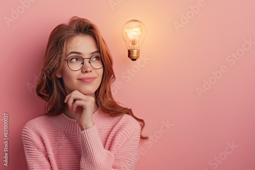 Close-up portrait of lovely smart girl generating new ideas on pink pastel background photo