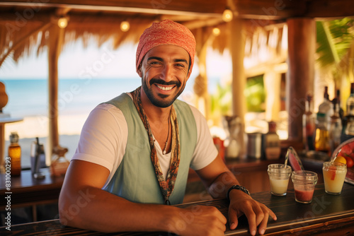 Portrait of handsome barman smiling, standing at beach bar and macking cocktail photo