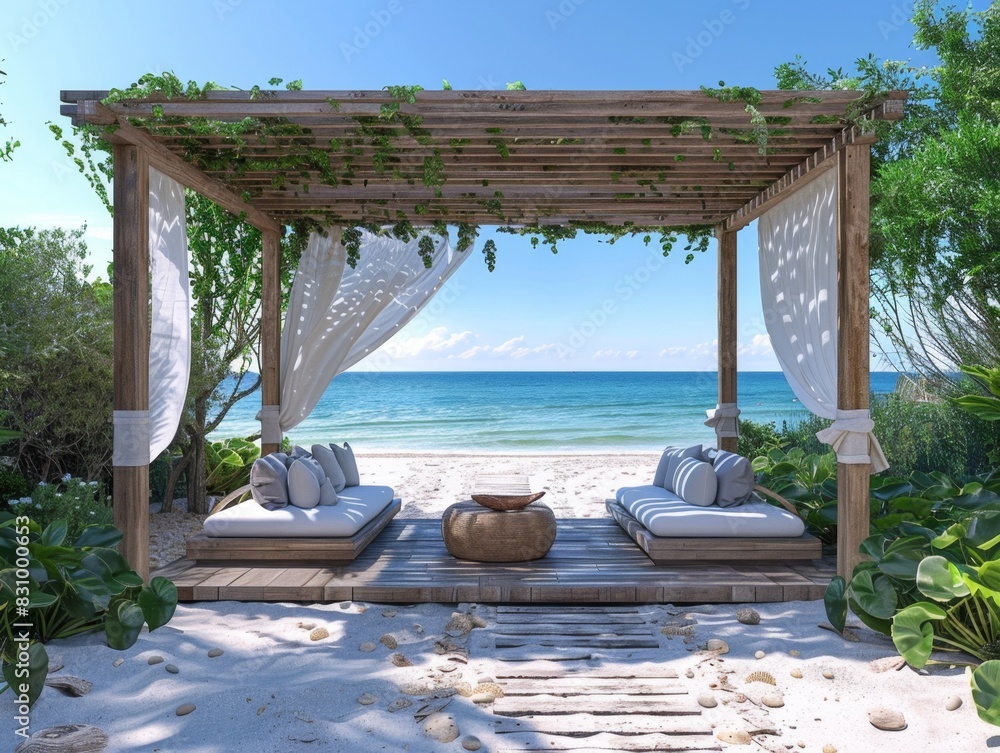 Obraz premium Beachfront Cabana with Comfortable Seating and Shade