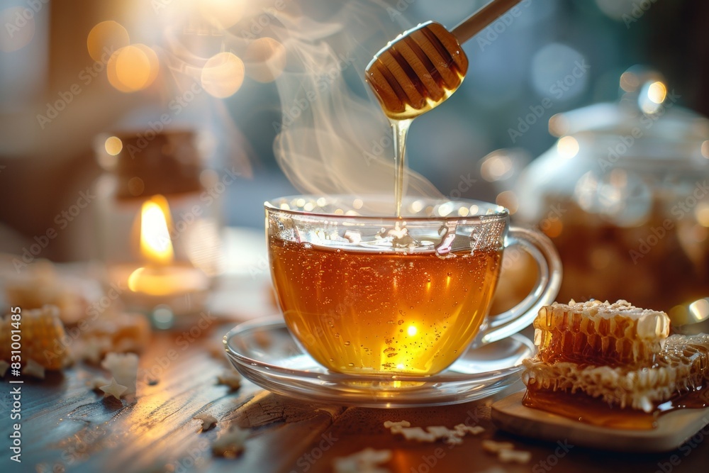 Honey Pouring into a Tea Cup with Steaming Tea
Honey Pouring into a Tea Cup with Steaming Tea
