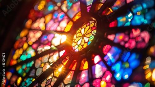 A stained glass window with a colorful design