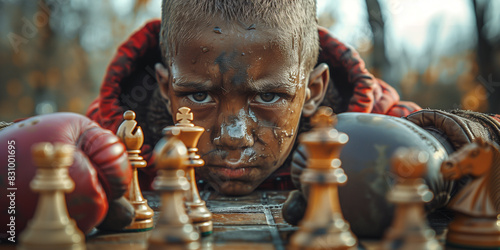 A young boy fully focused on playing a game of chess boxing photo