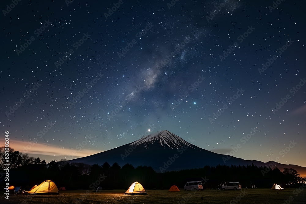 long exposure shot capturing the starry night sky above the majestic silhouette of Mount Fuji. The mountain stands tall and dark against the backdrop of countless stars, creating long exposure shot capturing the starry night sky above the majestic silhouette of Mount Fuji. The mountain stands tall and dark against the backdrop of countless stars, creating