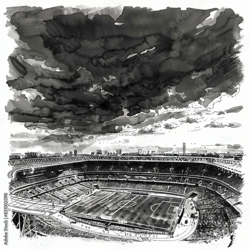 Black and white drawing of a sports stadium on a cloudy day 