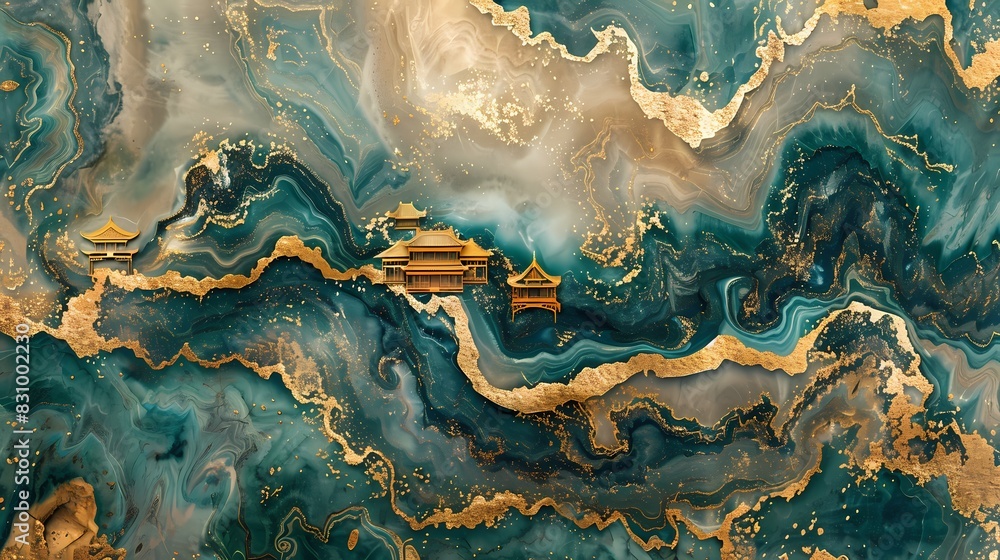 Blue and gold marble pavilions and trees poster background Blue and gold marble pavilions and trees poster background
