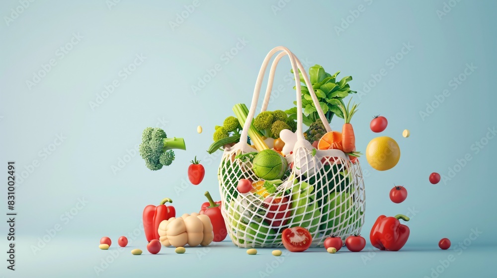 Fresh vegetables and fruits in a reusable mesh bag isolated on a light blue background. Eco-friendly shopping and healthy eating concept. An eco shopping net bag. Fresh vegetables and fruits in a reusable mesh bag isolated on a light blue background. Eco-friendly shopping and healthy eating concept. An eco shopping net bag.