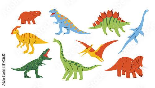 Set with adorable dinosaurs in childish flat design, colorful prehistoric creature. Hand drawn isolated vector illustrations