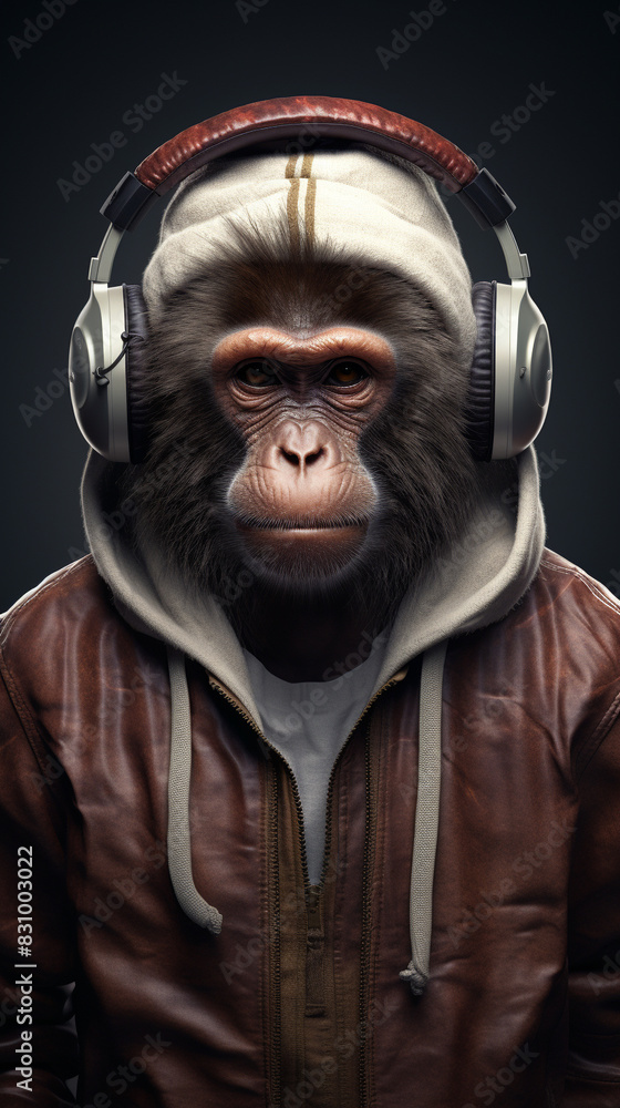 monkey wearing headphones with brown hair, in the style of hip hop aesthetics monkey wearing headphones with brown hair, in the style of hip hop aesthetics