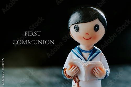 Obraz na płótnie text first communion and communicant boy figurine w salonie
