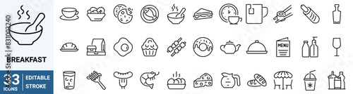 Breakfast line web icons. Food line icon set, salad, octopus soup, funchose, clam, chinese chicken, kebab