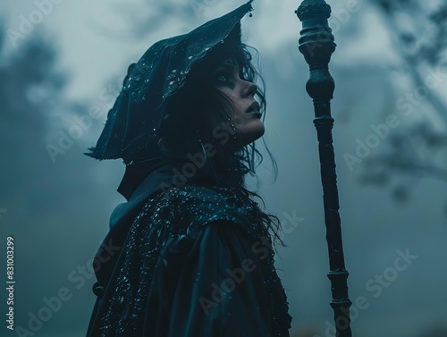 A vintagestyle portrait of a person dressed as a witch, complete with a highcollared cape and holding a mystical staff, set against a foggy background photo