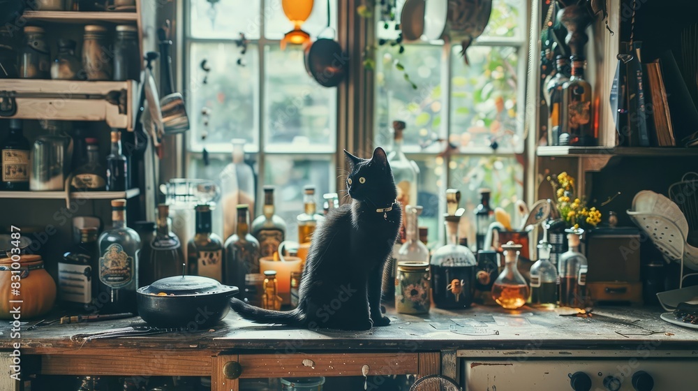 A whimsical setup of a witch s kitchen with Halloween decorations, including potion bottles, spell books, and a black cat perched on the counter A whimsical setup of a witch s kitchen with Halloween decorations, including potion bottles, spell books, and a black cat perched on the counter