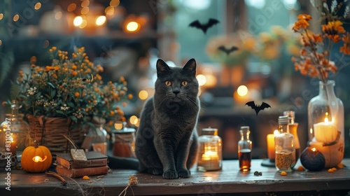 A whimsical setup of a witch s kitchen with Halloween decorations, including potion bottles, spell books, and a black cat perched on the counter