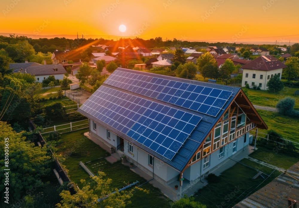 Solar panels installed on a building's roof generate eco-friendly electricity at sunset, highlighting the concept of renewable energy production. Solar panels installed on a building's roof generate eco-friendly electricity at sunset, highlighting the concept of renewable energy production.