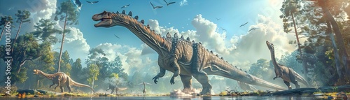 An actionpacked depiction of a Brachiosaurus being chased by a pack of smaller predatory dinosaurs  showcasing its size and strength in defense