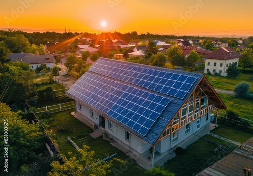 Solar panels installed on a building's roof generate eco-friendly electricity at sunset, highlighting the concept of renewable energy production.