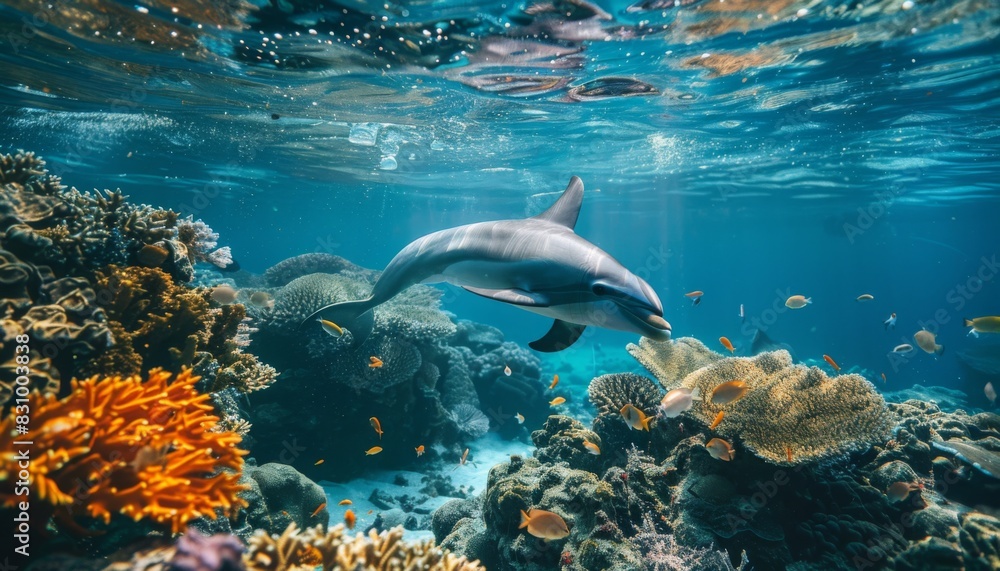 Fototapeta premium Animals of the underwater sea world. Ecosystem. Colorful tropical fish. Life in the coral reef