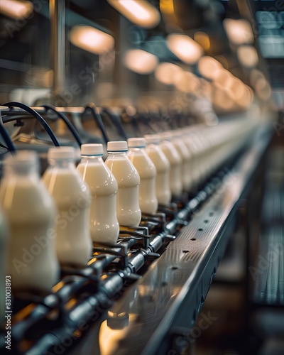 Bottles of milk on a conveyor belt in a production line. photo