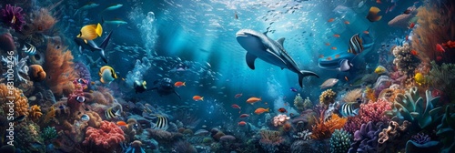 Animals of the underwater sea world. Ecosystem. Colorful tropical fish. Life in the coral reef