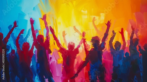 Design a minimalist artwork of jubilant crowds. Show a group of people dancing and celebrating, with simple silhouettes and vibrant colors. Use a dynamic composition to convey movement and energy.