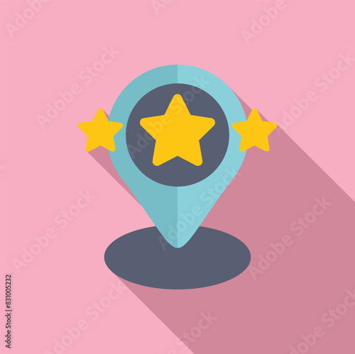 Vector illustration of a location pin icon with two stars, cast in soft shadow on a pink backdrop