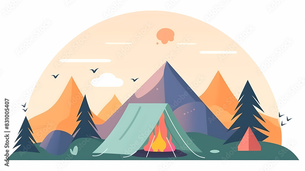 Vector camping tent in the forest.Summer camp with bonfire, tent, backpack . cartoon landscape with mountain, forest and campsite. Vector camping tent in the forest.Summer camp with bonfire, tent, backpack . cartoon landscape with mountain, forest and campsite.