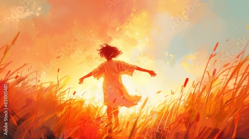 Illustrate joyous freedom in a digital artwork. Depict a person running through a field with open arms, using clean lines and a soft, gradient background. Use pastel colors to emphasize the lightness