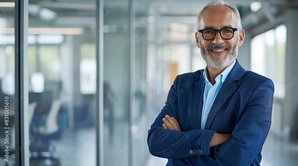 Smiling confident middle aged business man mature older professional company ceo corporate leader wearing blue suit standing in modern office with arms crossed looking at camera vertic : Generative AI Smiling confident middle aged business man mature older professional company ceo corporate leader wearing blue suit standing in modern office with arms crossed looking at camera vertic : Generative AI