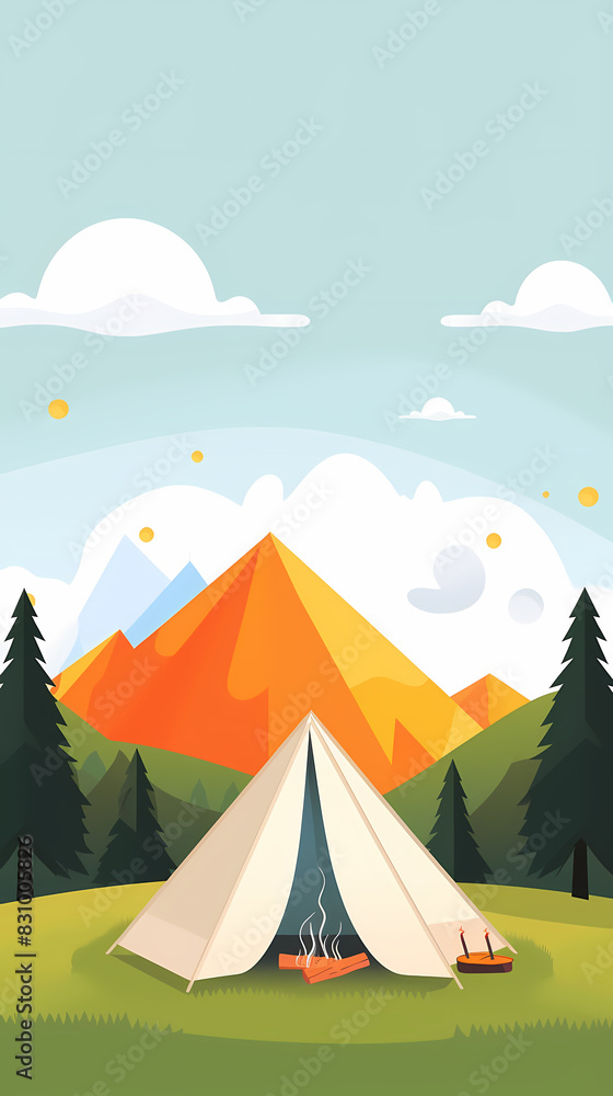 Vector camping tent in the forest.Summer camp with bonfire, tent, backpack . cartoon landscape with mountain, forest and campsite. Vector camping tent in the forest.Summer camp with bonfire, tent, backpack . cartoon landscape with mountain, forest and campsite.