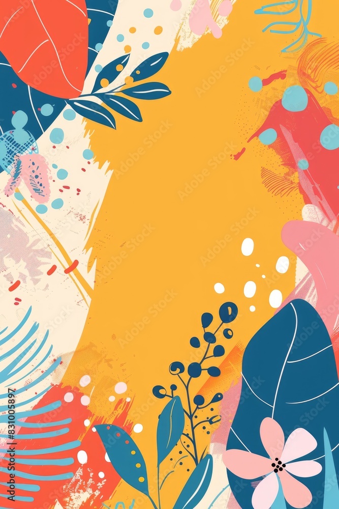 Fototapeta premium Vibrant Abstract Artwork with Tropical Foliage and Explosive Color Palette