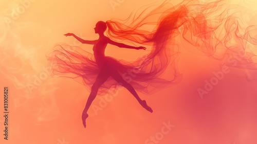 Design a minimalist artwork of euphoric dance. Illustrate a dancer in mid-leap, with flowing lines and a soft, gradient background. Use a limited color palette of warm and vibrant tones to emphasize