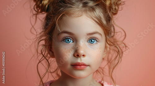 Professional studio photo portrait of a cute little girl, lovely kid with naive face, adorable baby, a child with a emotional expression, widescreen 16:9