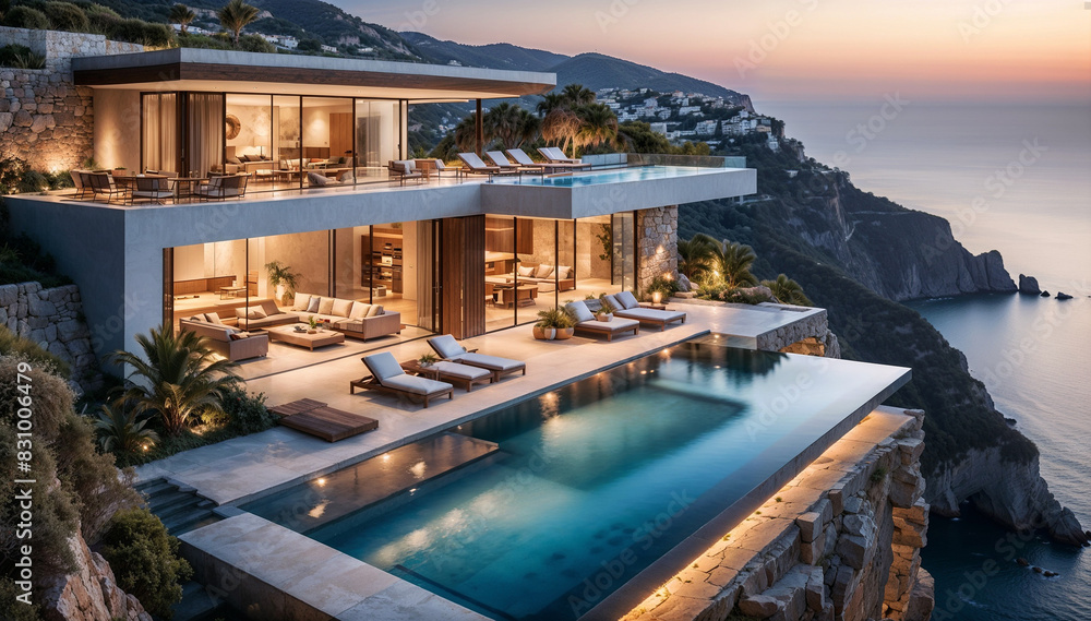 Fototapeta premium Luxury Villa with swimming pools against the backdrop of mountains