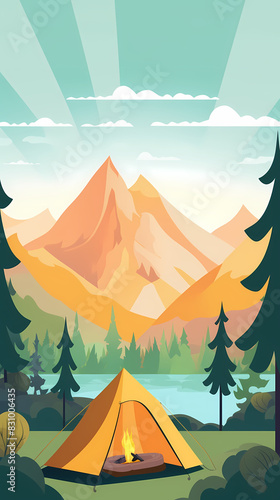 Vector camping tent in the forest.Summer camp with bonfire, tent, backpack . cartoon landscape with mountain, forest and campsite. © ak159715
