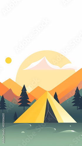 Vector camping tent in the forest.Summer camp with bonfire  tent  backpack . cartoon landscape with mountain  forest and campsite.