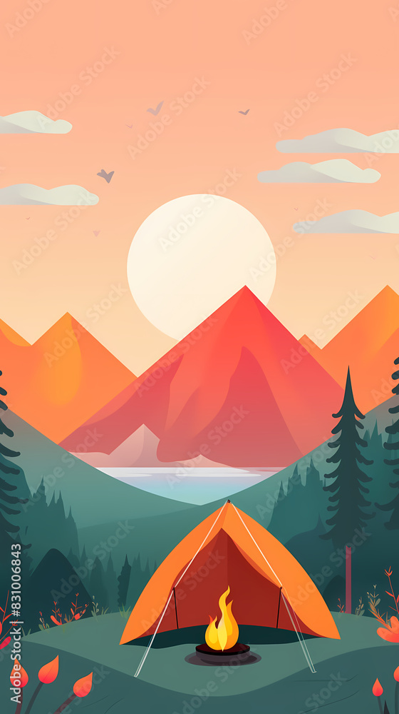 Vector camping tent in the forest.Summer camp with bonfire, tent, backpack . cartoon landscape with mountain, forest and campsite. Vector camping tent in the forest.Summer camp with bonfire, tent, backpack . cartoon landscape with mountain, forest and campsite.