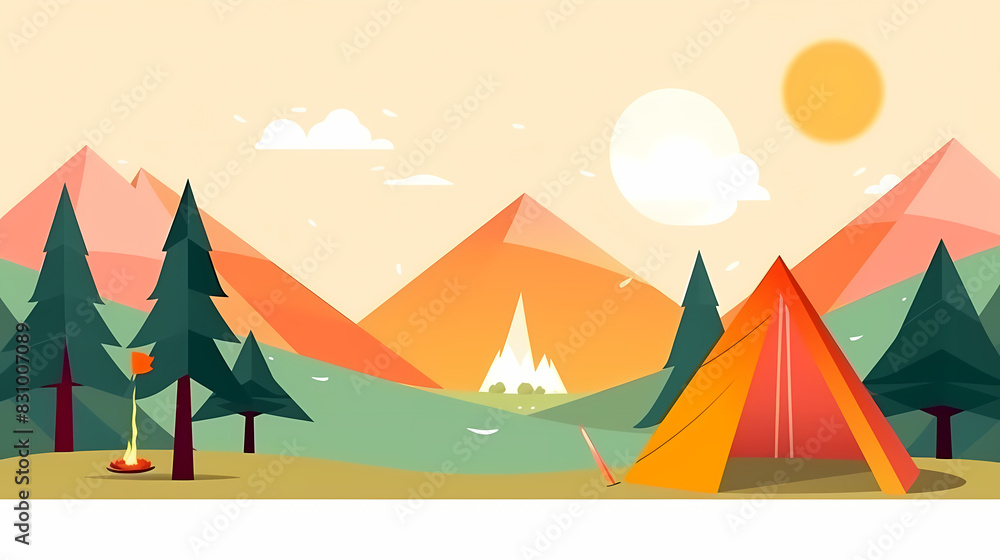Vector camping tent in the forest.Summer camp with bonfire, tent, backpack . cartoon landscape with mountain, forest and campsite. Vector camping tent in the forest.Summer camp with bonfire, tent, backpack . cartoon landscape with mountain, forest and campsite.