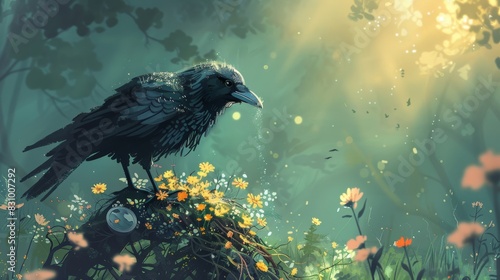 A black crow perched on a log in a field of yellow flowers. The crow has a long beak and black feathers. photo