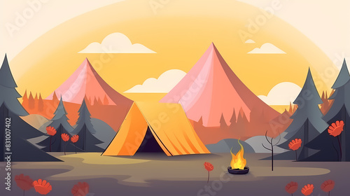 Vector camping tent in the forest.Summer camp with bonfire  tent  backpack . cartoon landscape with mountain  forest and campsite.