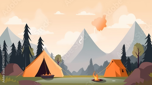 Vector camping tent in the forest.Summer camp with bonfire  tent  backpack . cartoon landscape with mountain  forest and campsite.